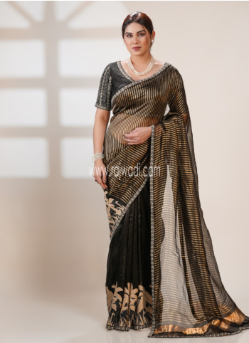 Black And Gold Embroidered Tissue Saree