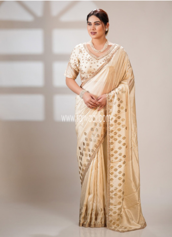 Off White Embroidered Dola Silk Saree