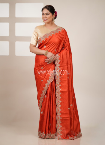 Orange Embroidered Kota Silk Saree