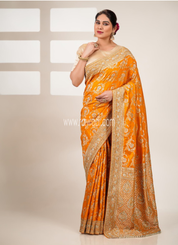 Mustard Yellow Embroidered Banarasi Saree