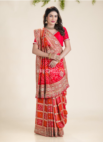 Maroon Embroidered Khadi Silk Bandhani Saree