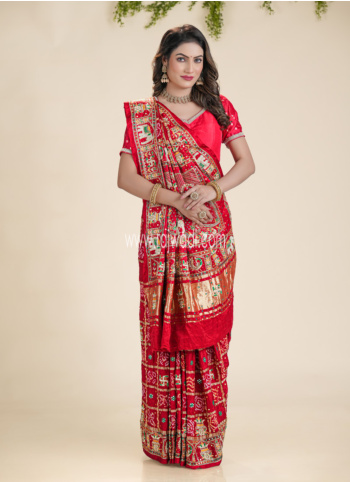 Maroon Embroidered Gajji Silk Bandhani Gharchola Saree