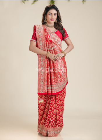 Red Embroidered Woven Banarasi Chiffon Saree