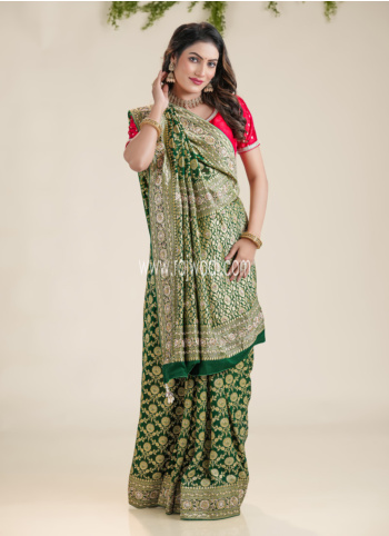 Green Embroidered Woven Banarasi Chiffon Saree