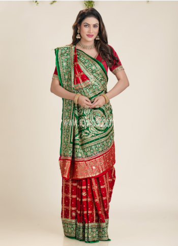 Maroon And Green Embroidered Gajji Silk Gharchola Saree