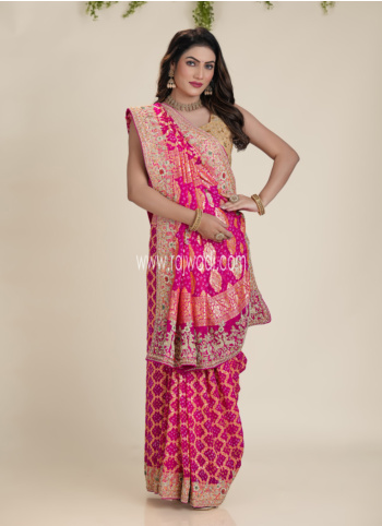 Pink Embroidered Chiffon Bandhani Saree