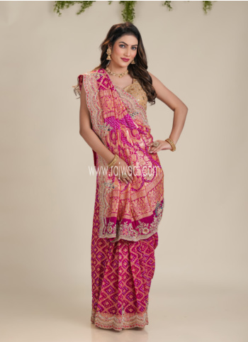 Pink Embroidered Chiffon Bandhani Saree