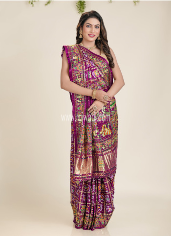 Purple Embroidered Gajji Silk Bandhani Saree