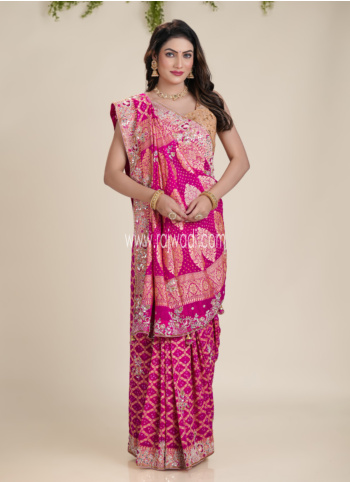 Pink Embroidered Bandhani Chiffon Saree