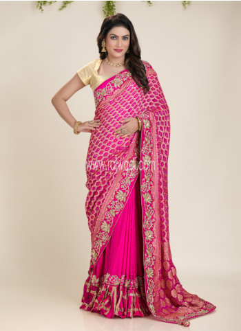 Pink Embroidered Chiffon Silk Bandhani Saree