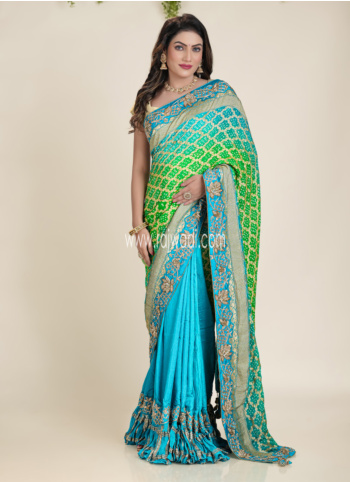 Parrot Green And Sky Blue Chiffon Silk Bandhani Saree
