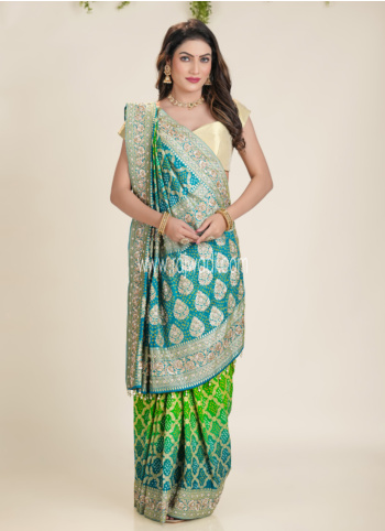 Parrot Green And Sky Blue Khadi Silk Bandhani Saree