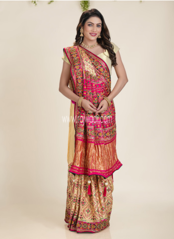 Cream And Rani Embroidered Gajji Silk Saree