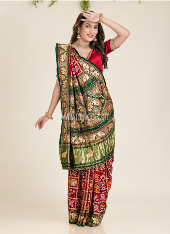 Maroon And Green Gajji Silk Bandhani Gharchola Saree