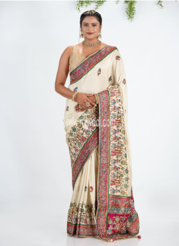 Cream Embroidered Pashmina Silk Saree