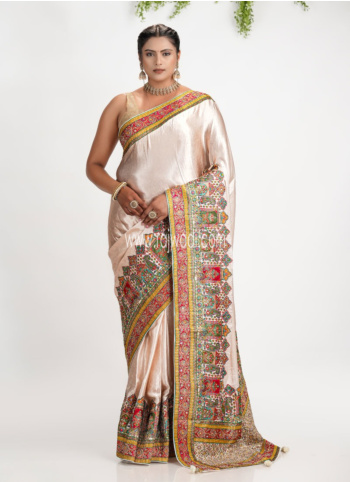 Cream Embroidered Pashmina Silk Saree