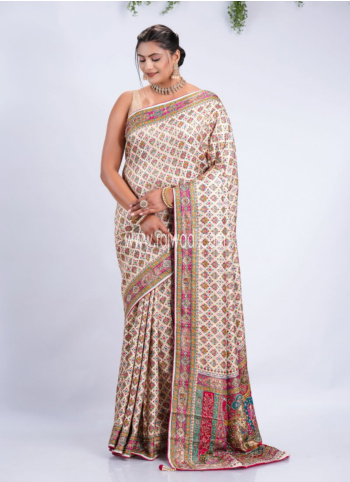 Cream Embroidered Pashmina Silk Saree
