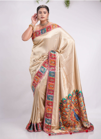 Golden Brown Embroidered Pashmina Silk Saree