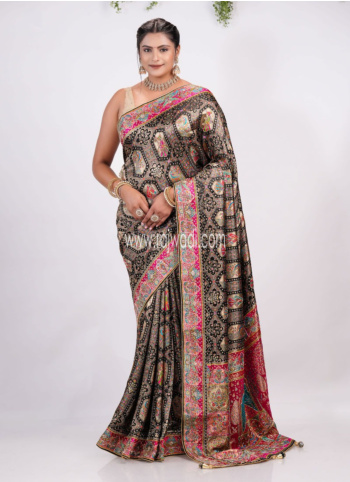 Black Embroidered Pashmina Silk Saree