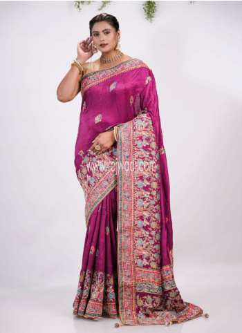 Magenta Embroidered Pashmina Silk Saree