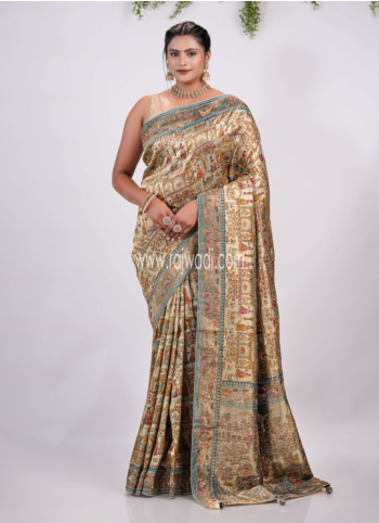 Golden And Rama Blue Pashmina Silk Saree