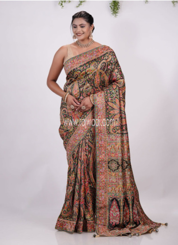 Black Embroidered Pashmina Silk Saree