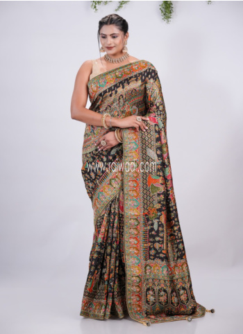 Black Embroidered Pashmina Silk Saree