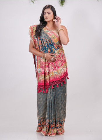 Peacock Blue Embroidered Banarasi Silk Saree
