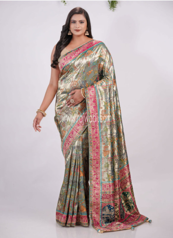 Rama Blue Embroidered Banarasi Silk Saree