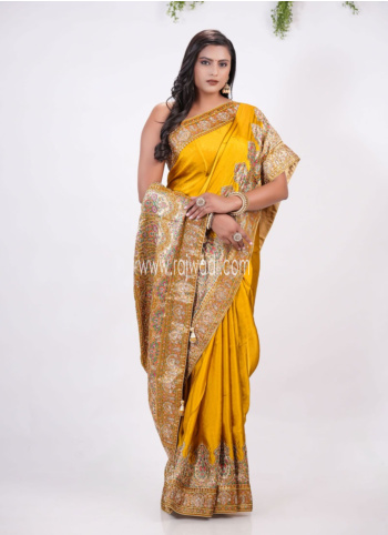 Yellow Embroidered Pashmina Silk Saree