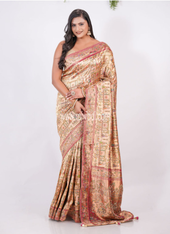 Golden And Dark Maroon Pashmina Silk Saree