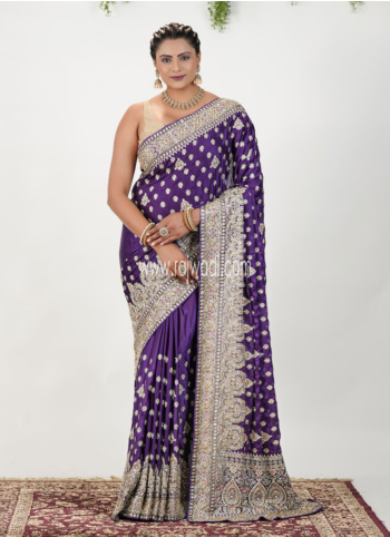 Purple Embroidered Chiffon Silk Saree