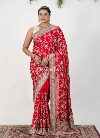 Red Embroidered Chiffon Silk Saree
