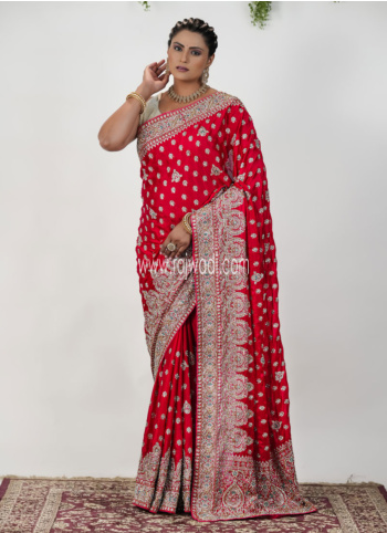 Red Embroidered Saree In Chiffon Silk