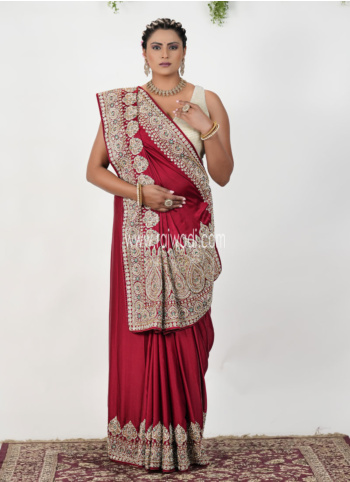 Maroon Embroidered Chiffon Silk Saree