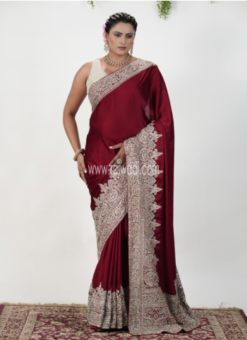 Maroon Chiffon Silk Embroidered Saree