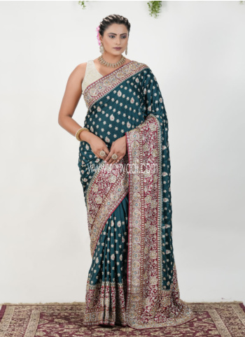 Green And Maroon Embroidered Chiffon Silk Saree