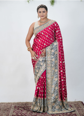 Rani And Peacock Blue Embroidered Chiffon Silk Saree