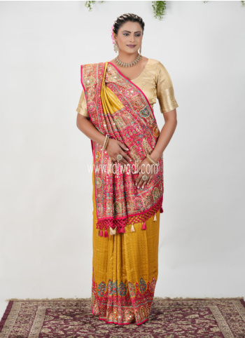 Yellow And Pink Embroidered Banarasi Silk Saree