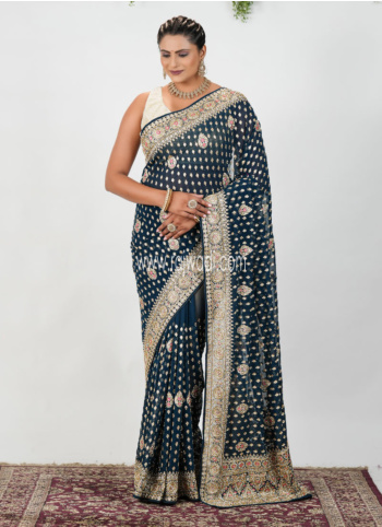 Peacock Blue Embroidered Chiffon Saree