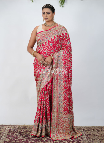 Tomato Color Embroidered Chiffon Silk Saree