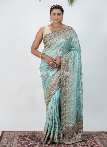 Sky Blue Embroidered Shimmer Net Saree