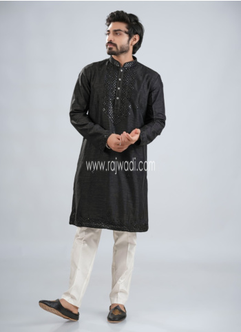 Black Embroidered Art Silk Kurta Pajama