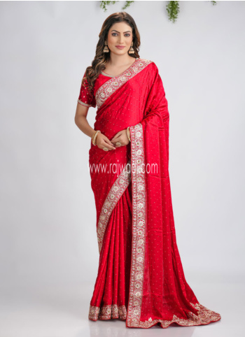 Red Embroidered Crepe Silk Saree