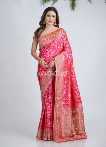 Gajari Pink Embroidered Banarasi Silk Saree