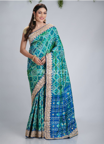 Pista Green And Blue Embroidered Silk Patola Saree