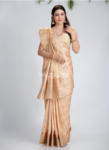 Cream Golden Embroidered Banarasi Silk Saree