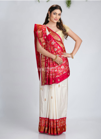 Off White And Rani Embroidered Silk Patola Saree