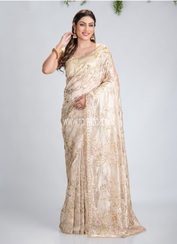 Golden Cream Embroidered Organza Saree