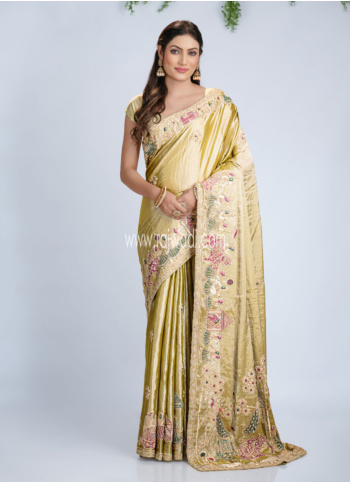 Golden Embroidered Tissue Silk Saree